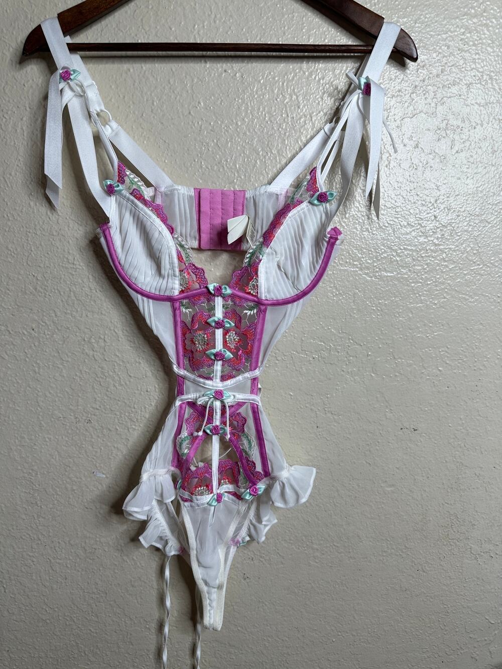 For Love & Lemons Festival Rose Teddy Floral Lace Cutout Bodysuit size 32B